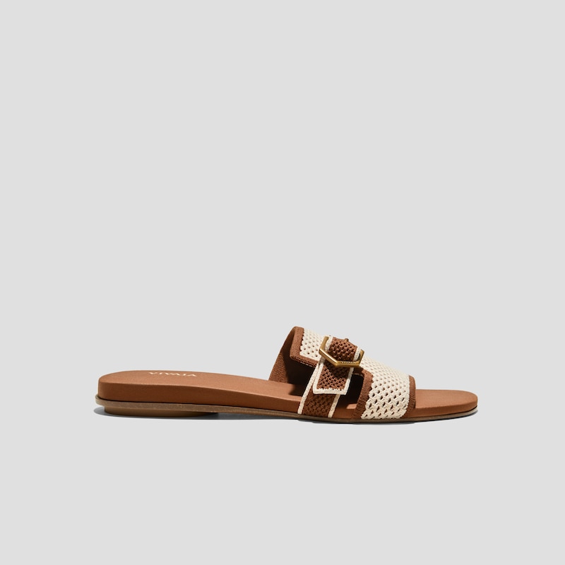 Square-Toe Flat Sandals (Delia), Cream Ivory & Dark Caramel Basket, EU35 | VIVAIA