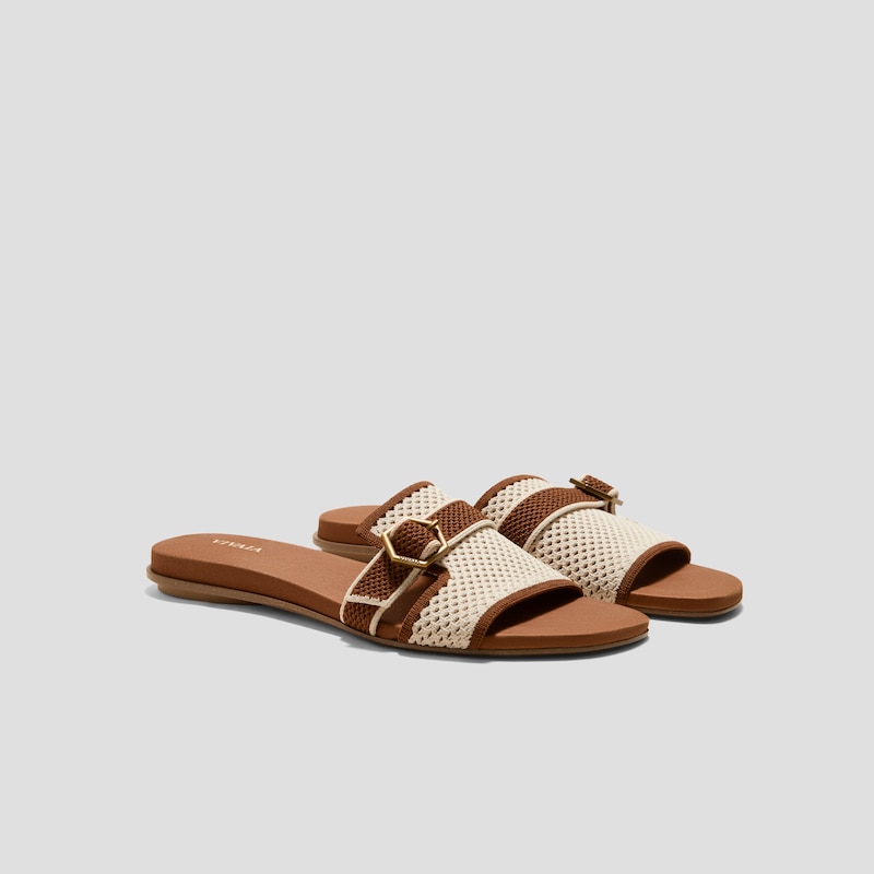 Square-Toe Flat Sandals (Delia), Cream Ivory & Dark Caramel Basket, EU35 | VIVAIA