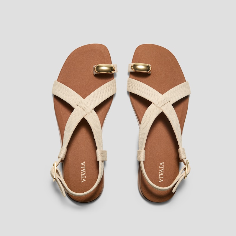 Square-Toe Slingback Toe Ring Sandals (Derorice), CREAM IVORY ANTIQUE WEAVE, EU35 | VIVAIA