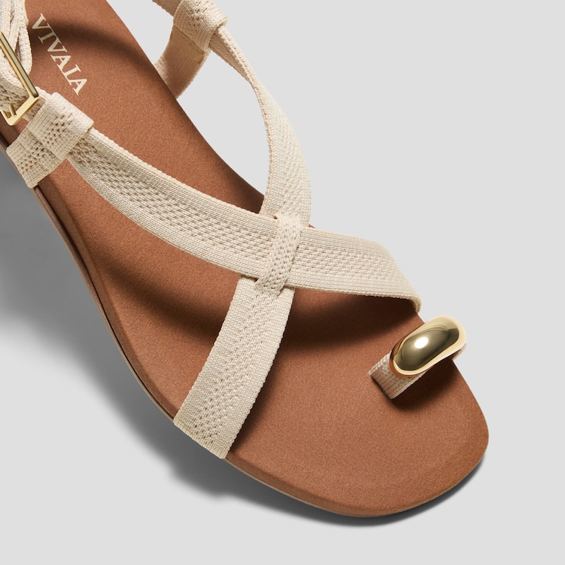 Square-Toe Slingback Toe Ring Sandals (Derorice), CREAM IVORY ANTIQUE WEAVE, EU35 | VIVAIA