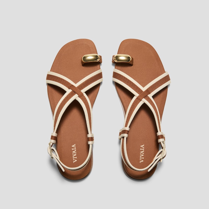 Square-Toe Slingback Toe Ring Sandals (Derorice), DARK CARAMEL & CREAM IVORY ANTIQUE WEAVE, EU35 | VIVAIA