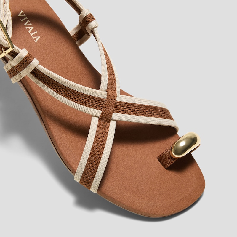 Square-Toe Slingback Toe Ring Sandals (Derorice), DARK CARAMEL & CREAM IVORY ANTIQUE WEAVE, EU35 | VIVAIA