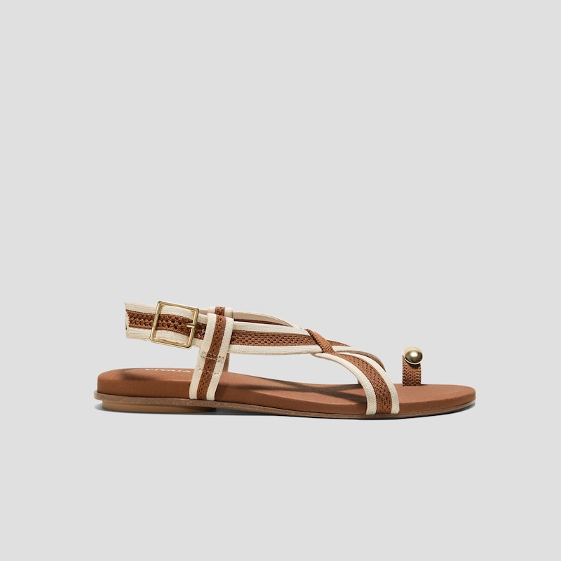 Square-Toe Slingback Toe Ring Sandals (Derorice), DARK CARAMEL & CREAM IVORY ANTIQUE WEAVE, EU35 | VIVAIA