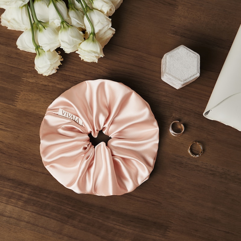 Satin Hair Scrunchie, PEACH BLUSH, one-size | VIVAIA