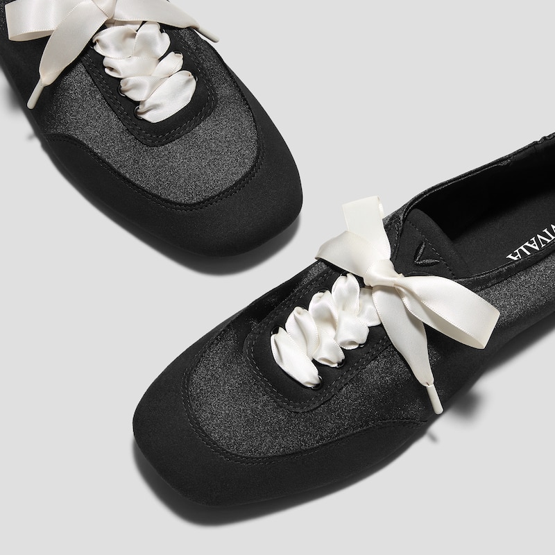 3 Laces Included Square-Toe Lace-Up Satin Sneakerina (Cristina), Black, EU43 | VIVAIA