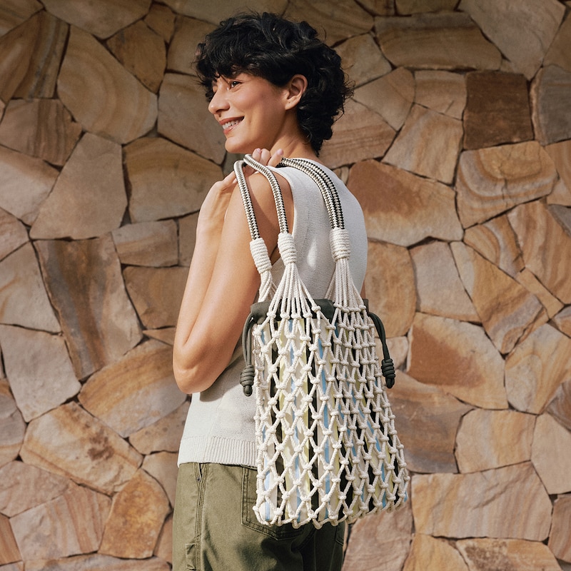Cotton Rope Net Tote (Anila), PALE APRICOT & OLIVE STRIPE, one-size | VIVAIA