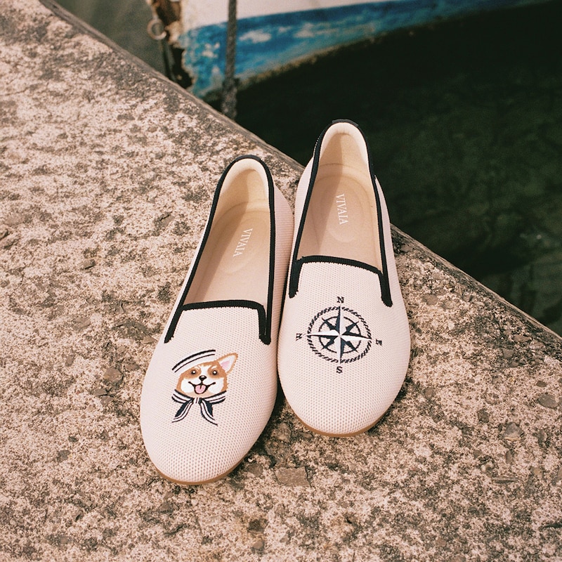 Round-Toe Embroidered Loafers (Audrey), CREAM IVORY/NAVY, EU38 | VIVAIA