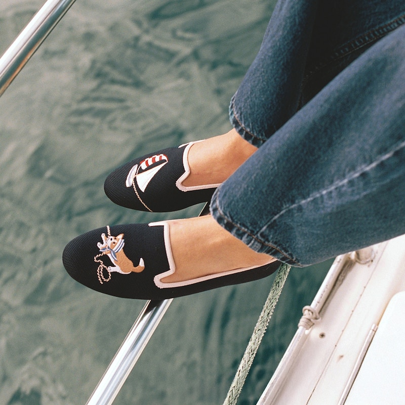 Round-Toe Embroidered Loafers (Audrey), Navy - Cream Ivory-Sailor Corgi, EU41 | VIVAIA