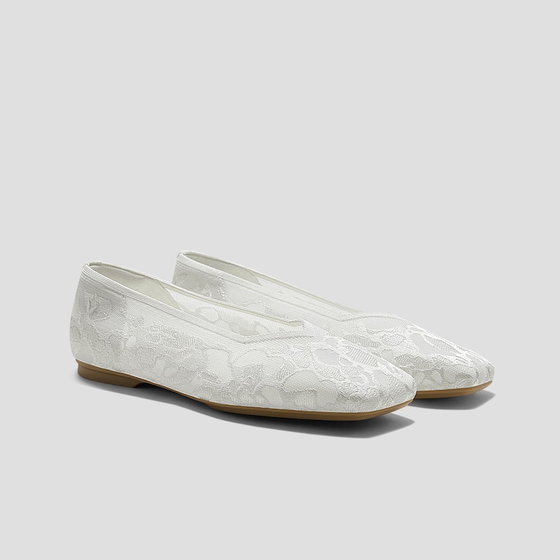 Square-Toe V-Cut Flats (Margot 3.0), WHITE LACE embroidery, EU39 | VIVAIA