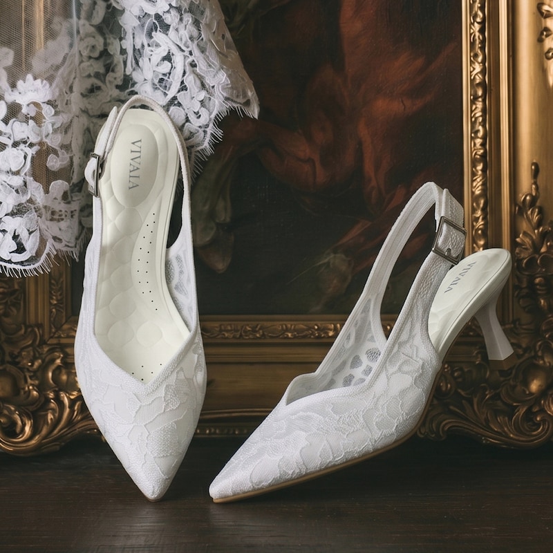 Pointed-Toe Lace Reborn™ Slingback Heels (Addison), WHITE LACE embroidery, EU38 | VIVAIA
