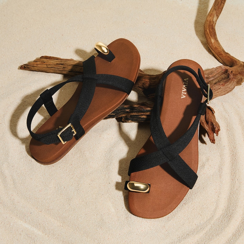 Square-Toe Slingback Toe Ring Sandals (Derorice), BLACK ANTIQUE WEAVE, EU39 | VIVAIA
