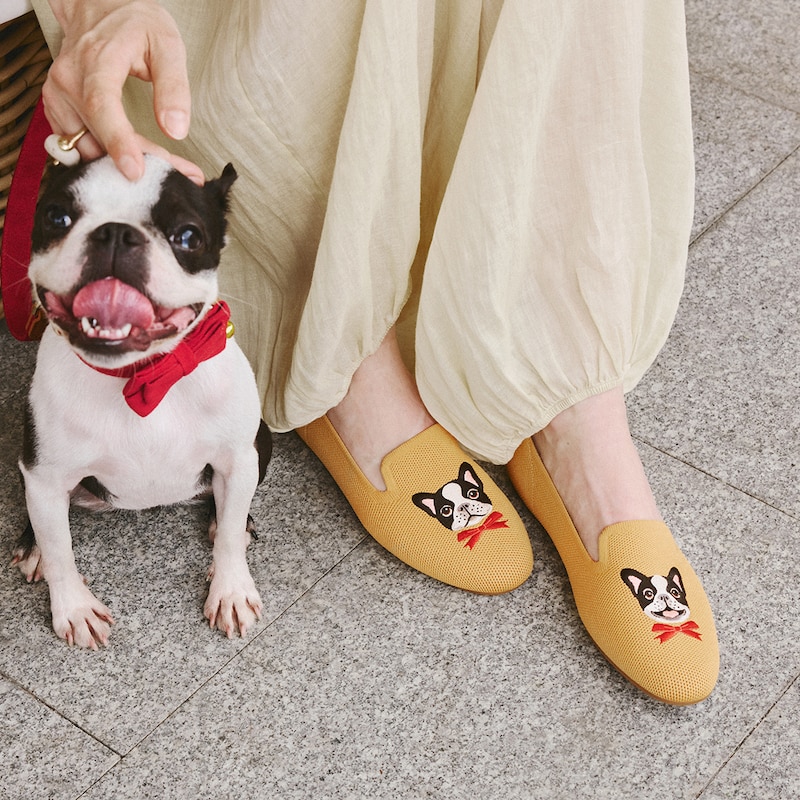 Round-Toe Embroidered Loafers (Audrey), GINGER YELLOW - FRENCH BULLDOGS, EU35 | VIVAIA