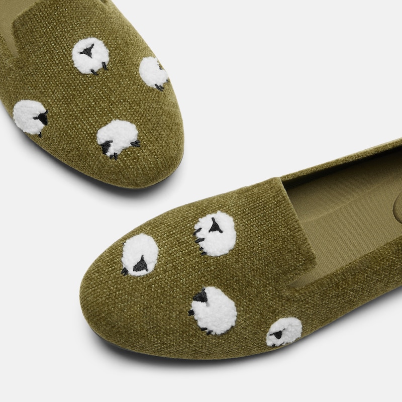 Round-Toe Embroidered Loafers (Audrey), OLIVE DRAB - BLACKNOSE SHEEP, EU37 | VIVAIA