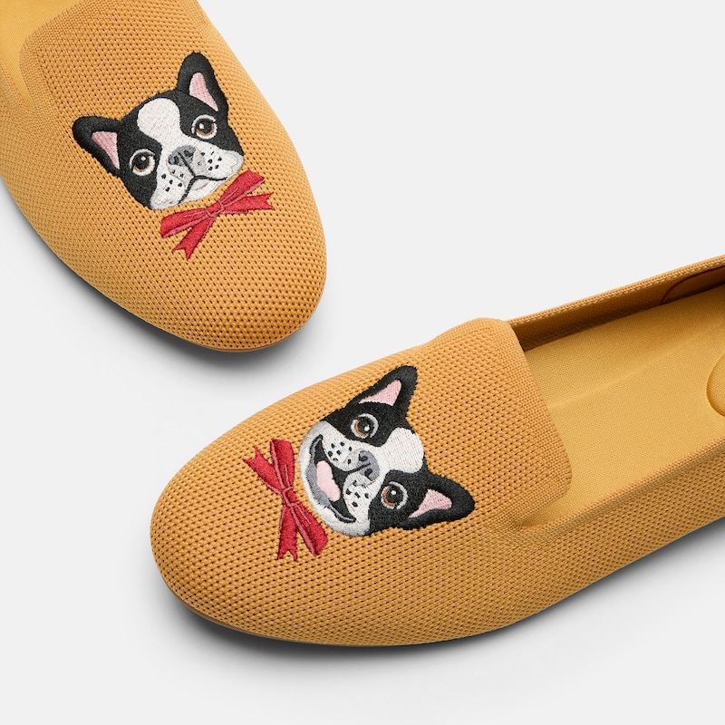 Round-Toe Embroidered Loafers (Audrey), GINGER YELLOW - FRENCH BULLDOGS, EU35 | VIVAIA