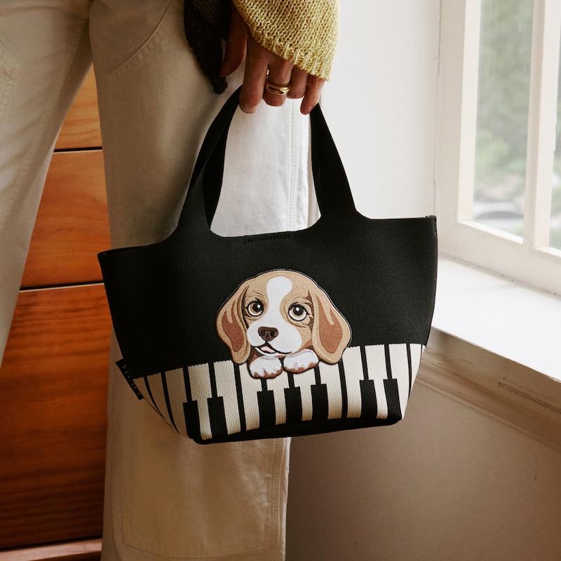 The Mini Tote (Anita), Black & Light Apricot - Piano Beagles, one-size | VIVAIA