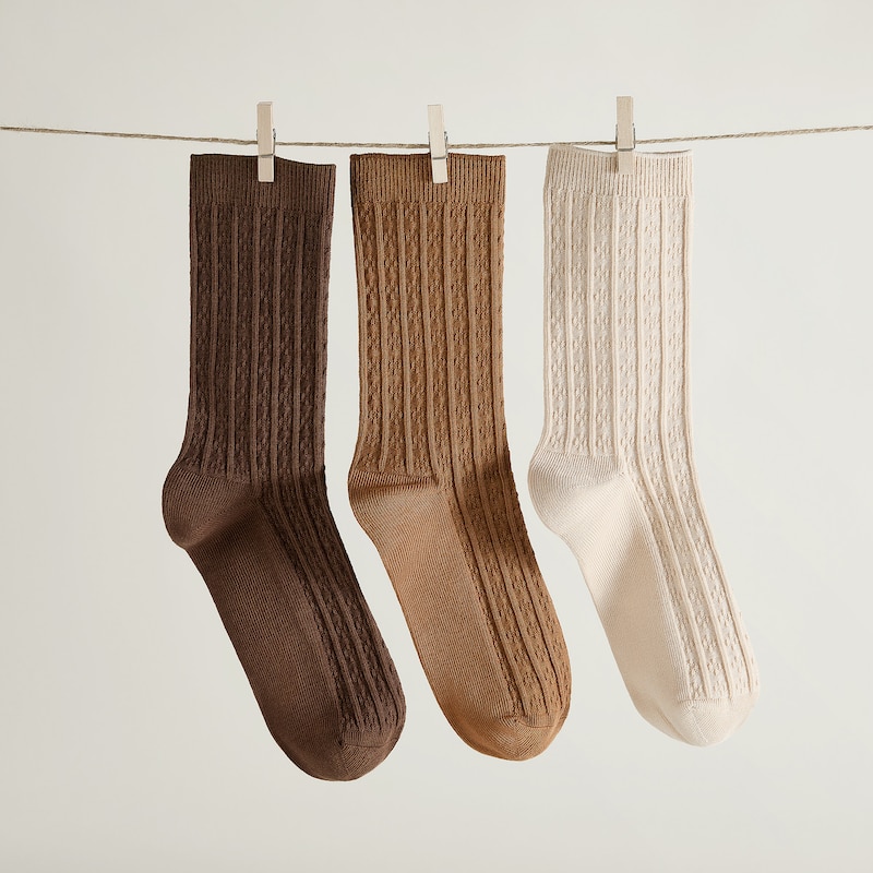 3-Pair Ribbed Texture Crew Socks (Vincie), ALMOND + DARK CARAMEL + TAWNY, one-size | VIVAIA