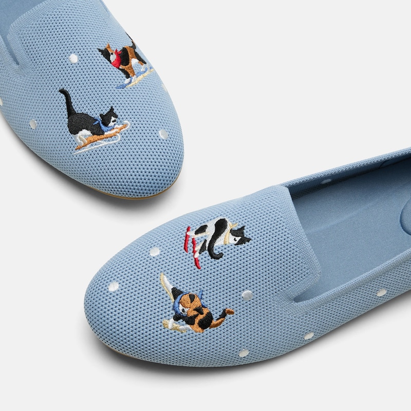 Round-Toe Embroidered Loafers (Audrey), SMOKY BLUE - SKIING CATS, EU39 | VIVAIA