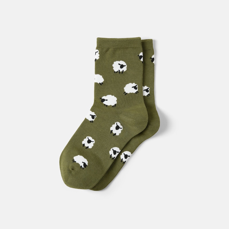 1 Pair Animal Jacquard Crew Socks (Aubrey), OLIVE DRAB - BLACKNOSE SHEEP, one-size | VIVAIA