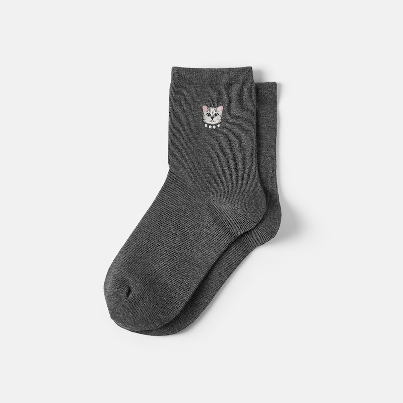 1 Pair Animal Jacquard Crew Socks (Aubrey), RICH GREY - SILVER BRITISH CAT, one-size | VIVAIA