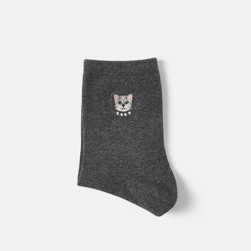1 Pair Animal Jacquard Crew Socks (Aubrey), RICH GREY - SILVER BRITISH CAT, one-size | VIVAIA
