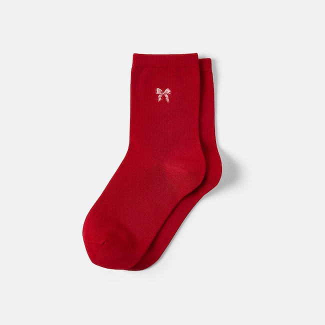 1 Pair Animal Jacquard Crew Socks (Aubrey) - Ruby Red - Vintage Bow
