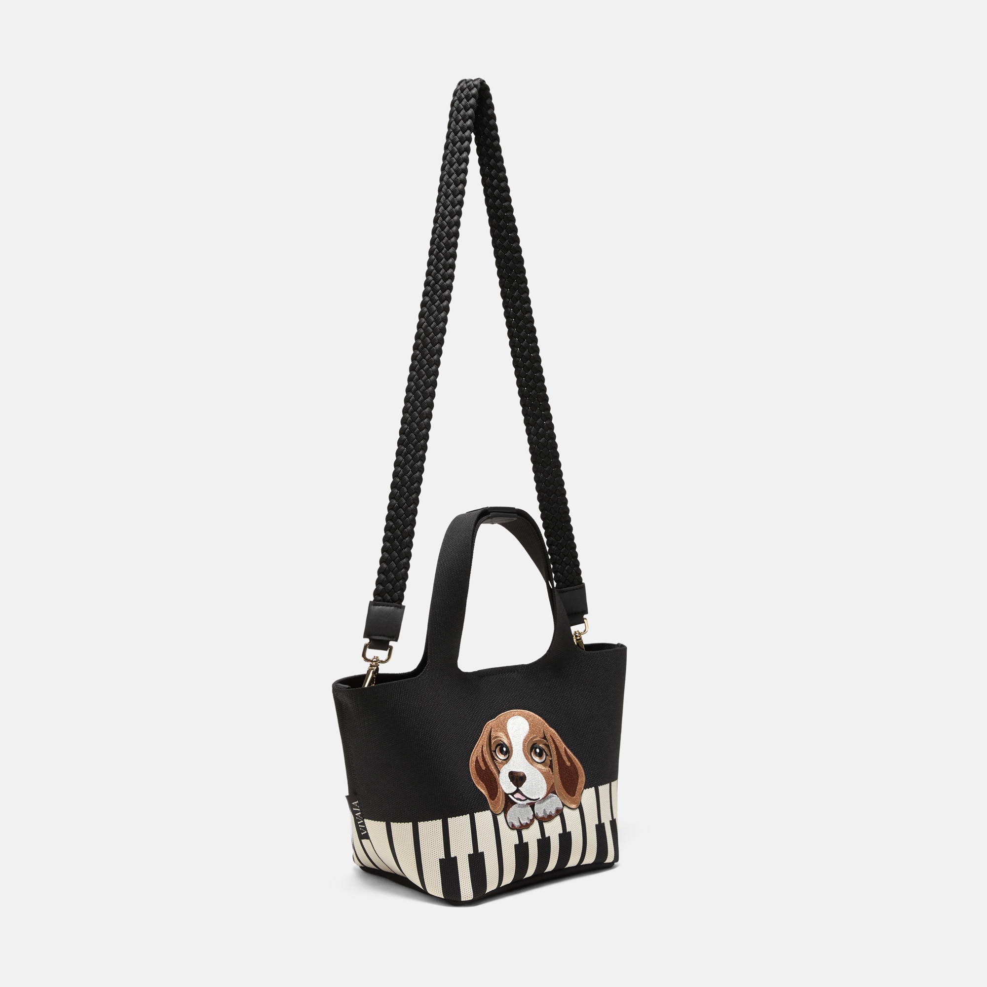 The Mini Tote (Anita), Black & Light Apricot - Piano Beagles, one