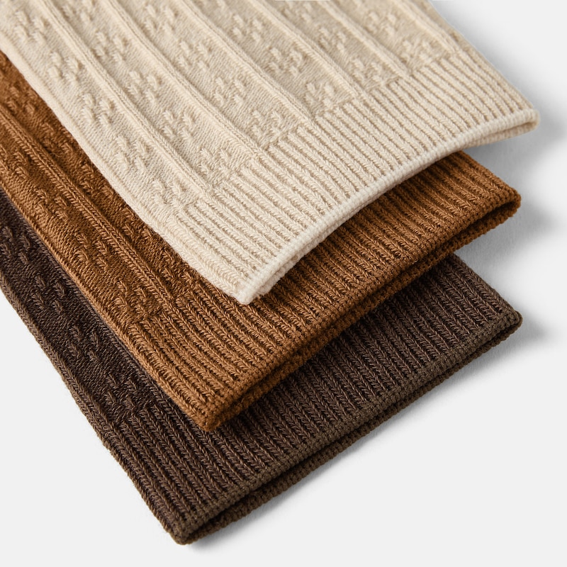 3-Pair Ribbed Texture Crew Socks (Vincie), ALMOND + DARK CARAMEL + TAWNY, one-size | VIVAIA