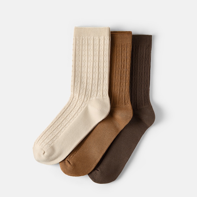 3-Pair Ribbed Texture Crew Socks (Vincie), ALMOND + DARK CARAMEL + TAWNY, one-size | VIVAIA