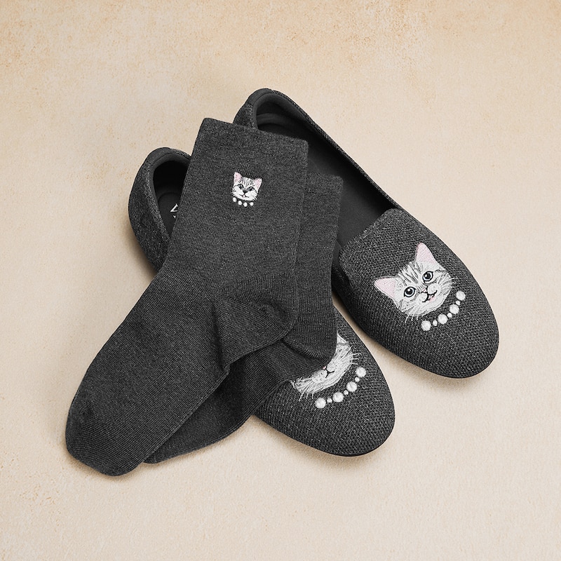 1 Pair Animal Jacquard Crew Socks (Aubrey), RICH GREY - SILVER BRITISH CAT, one-size | VIVAIA