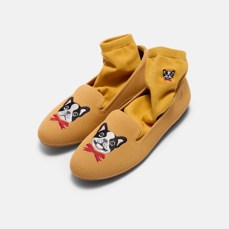 Round-Toe Embroidered Loafers (Audrey), GINGER YELLOW - FRENCH BULLDOGS, EU37.5 | VIVAIA