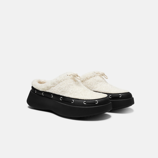 Round-Toe Fuzzy Platform Mules (Tobi) - Cream & Black