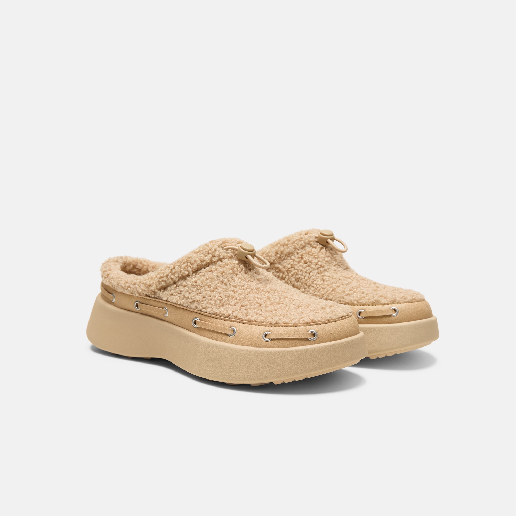 Round-Toe Fuzzy Platform Mules (Tobi) - Latte