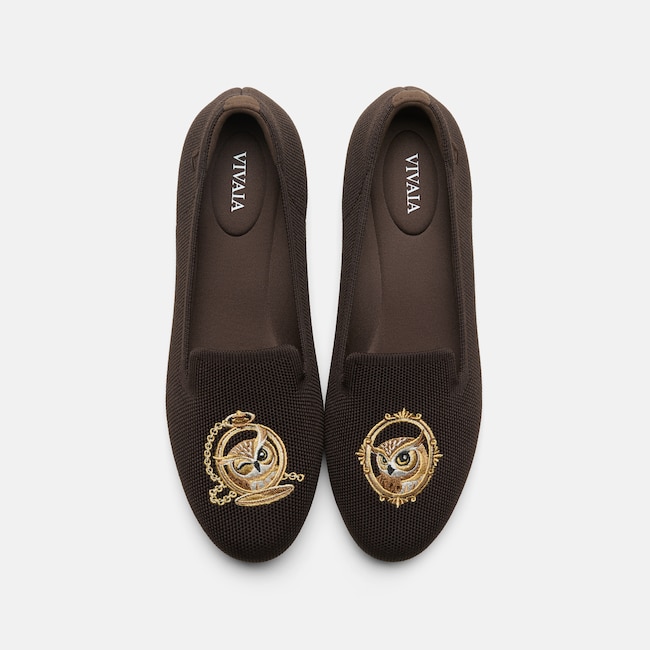 Round-Toe Embroidered Loafers (Audrey) - Dark Chocolate - Owl