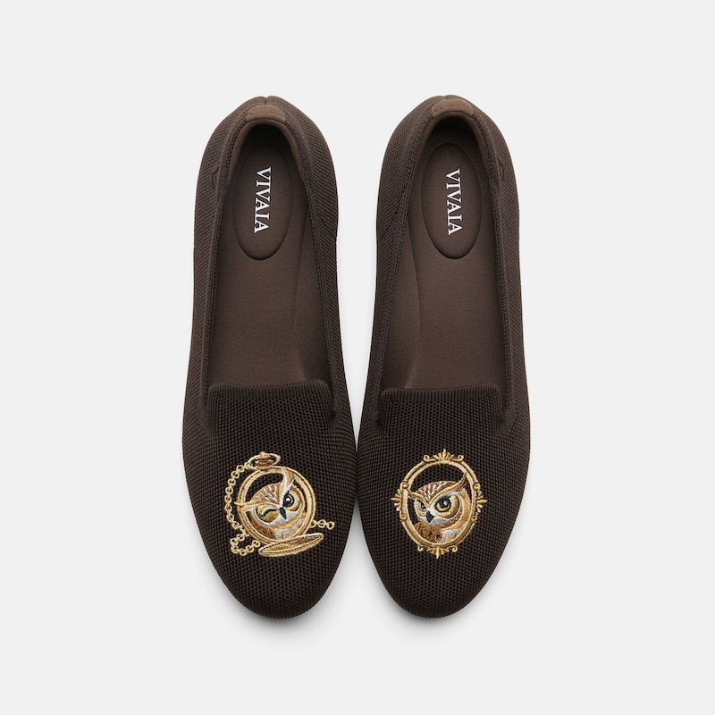 Round-Toe Embroidered Loafers (Audrey), Dark Chocolate - Owl, EU39 | VIVAIA