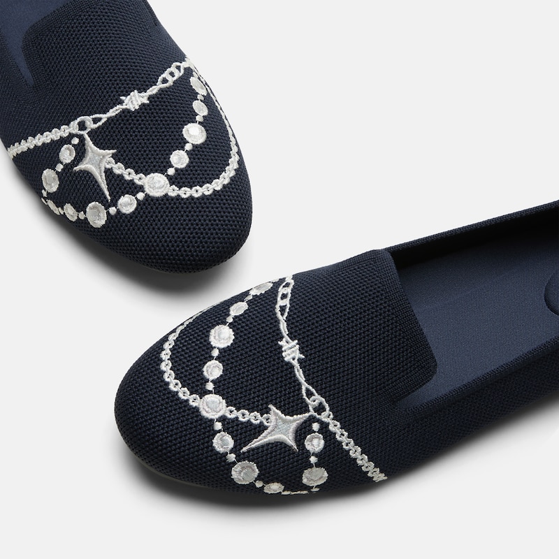Round-Toe Embroidered Loafers (Audrey), Navy - Silver Pearl, EU38 | VIVAIA