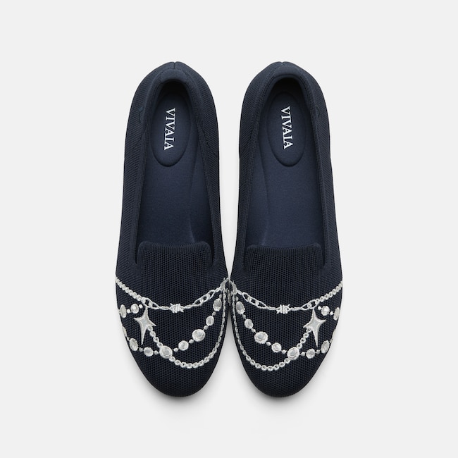 Round-Toe Embroidered Loafers (Audrey) - Navy - Silver Pearl