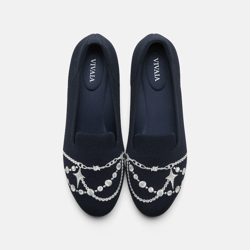 Round-Toe Embroidered Loafers (Audrey), Navy - Silver Pearl, EU38 | VIVAIA