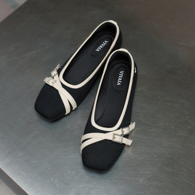 Square-Toe Margot Crisscross Flats (Marah), BLACK & IVORY, EU38 | VIVAIA