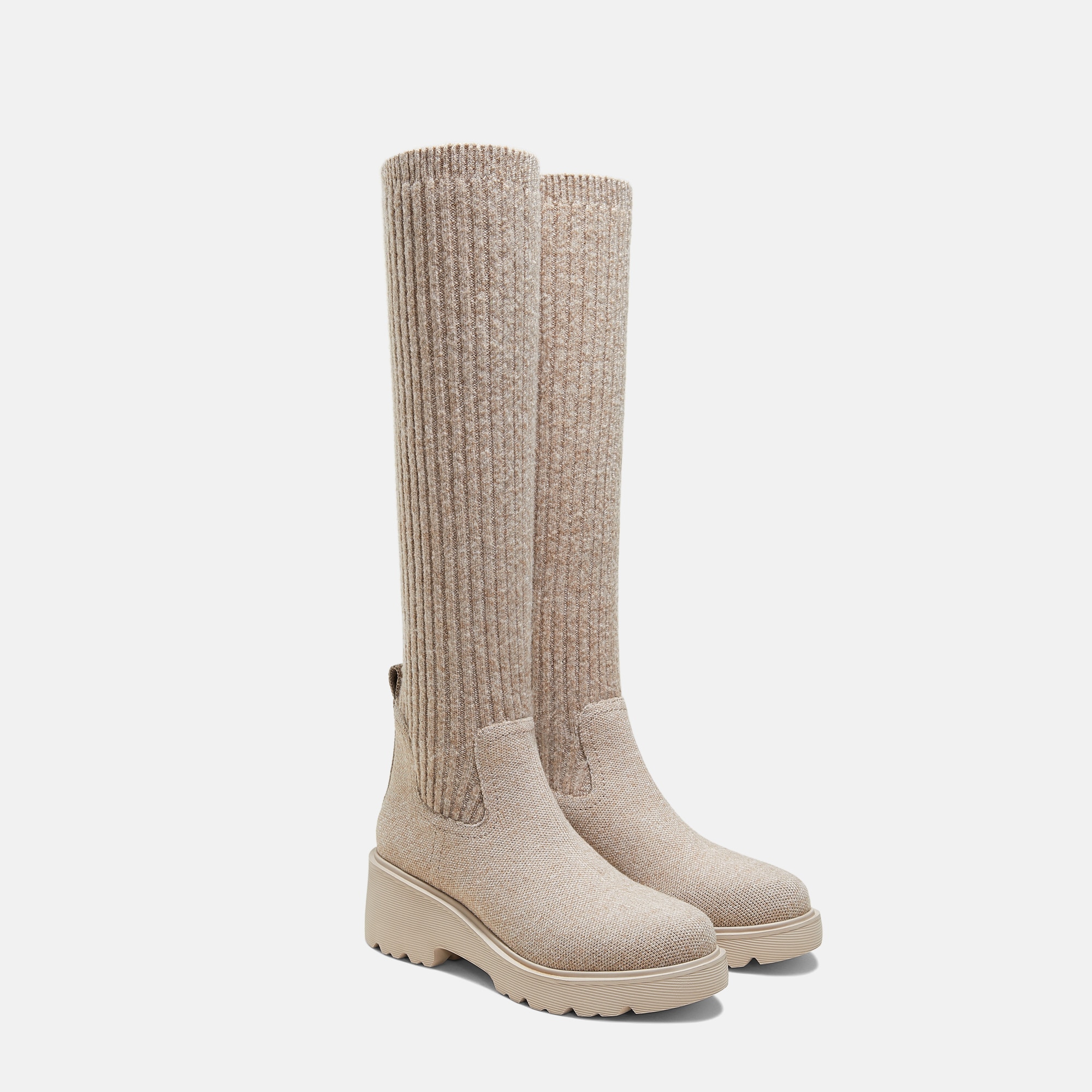 Round-Toe Knee-High Wool Wedge Boots (Eduarda) - Oatmilk