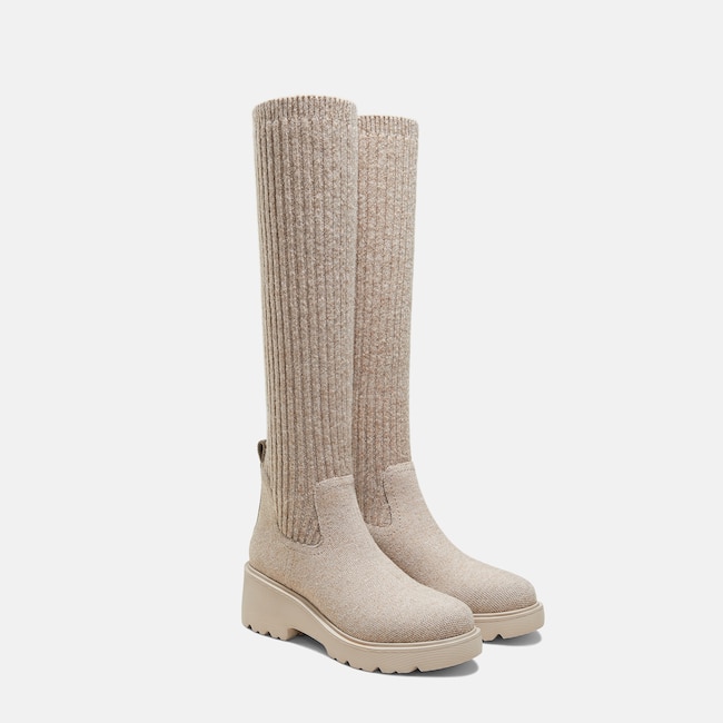 Round-Toe Knee-High Wool Wedge Boots (Eduarda) - Oatmilk