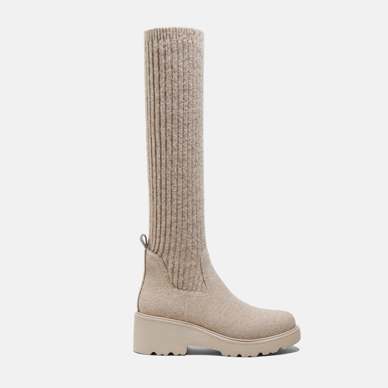 Round-Toe Knee-High Wool Wedge Boots (Eduarda), Oatmilk, EU35 | VIVAIA