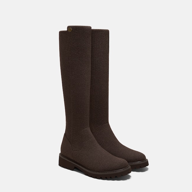 Round-Toe Stretchy Wool Knee-High Boots (Filipa) - Dark Chocolate