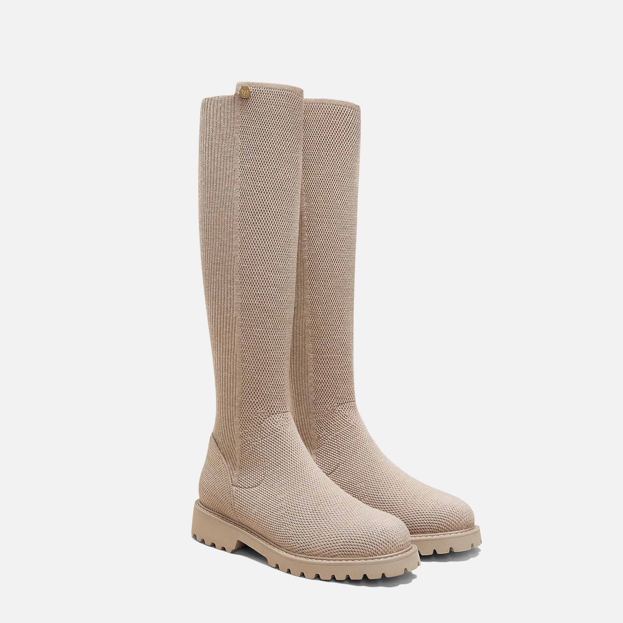 Round-Toe Stretchy Wool Knee-High Boots (Filipa) - Warm Taupe