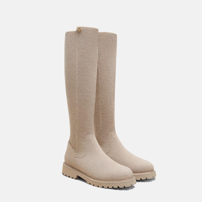 Round-Toe Stretchy Wool Knee-High Boots (Filipa) - Warm Taupe
