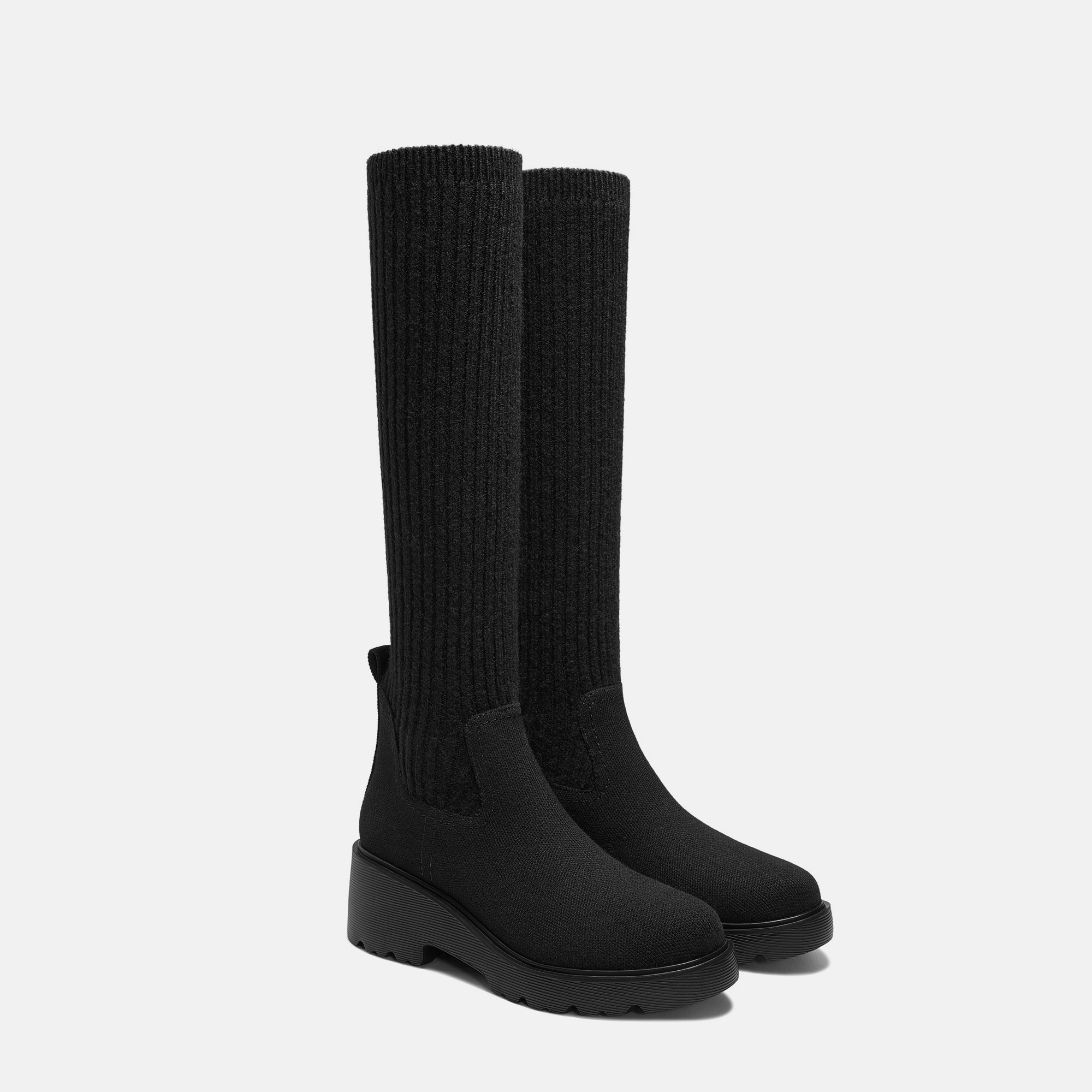 Round-Toe Knee-High Wool Wedge Boots (Eduarda), Black, EU35 | VIVAIA