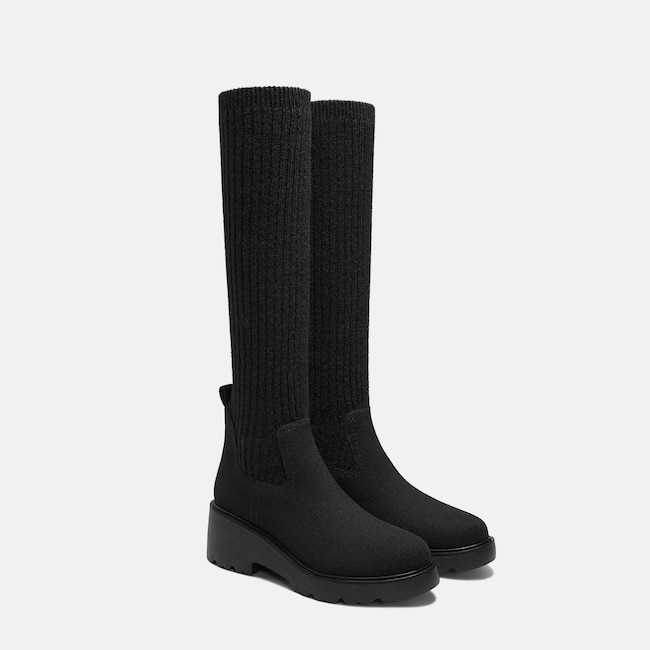 Round-Toe Knee-High Wool Wedge Boots (Eduarda) - Black
