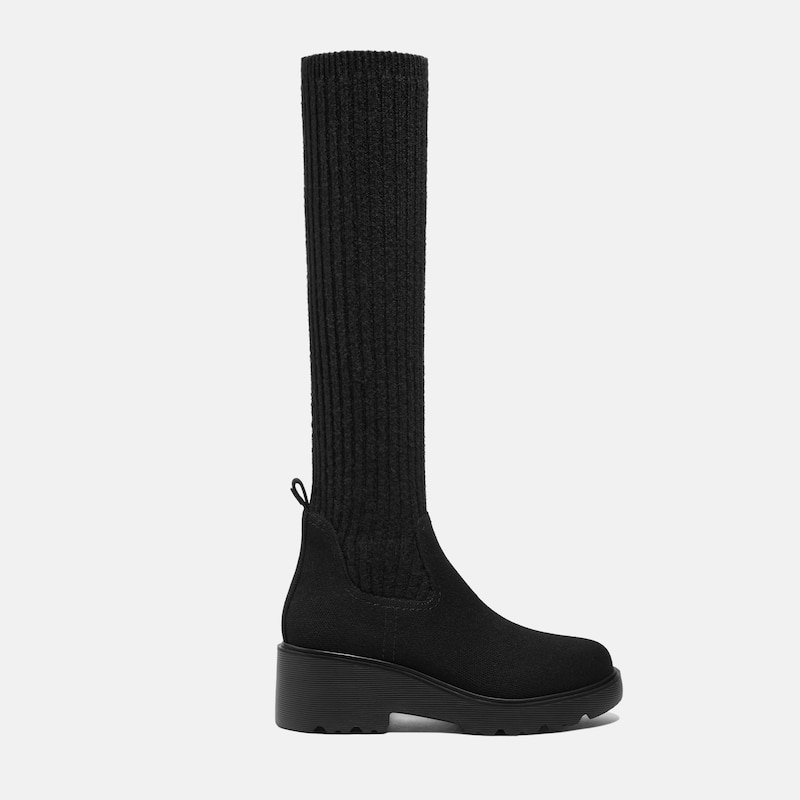 Round-Toe Knee-High Wool Wedge Boots (Eduarda), Black, EU39 | VIVAIA