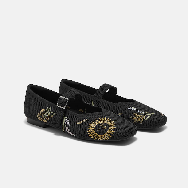 Healing Garden | Square-Toe Mary Janes (Margot Mary Jane), BLACK FRENCH FLORAL Embroidery, EU35 | VIVAIA