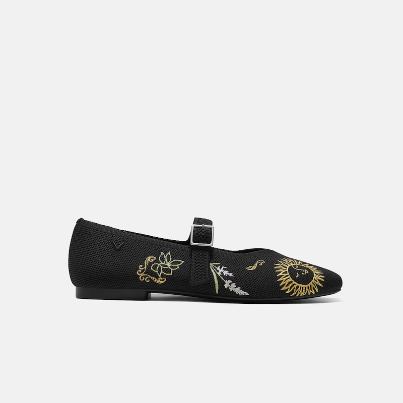 Healing Garden | Square-Toe Mary Janes (Margot Mary Jane), BLACK FRENCH FLORAL Embroidery, EU35 | VIVAIA