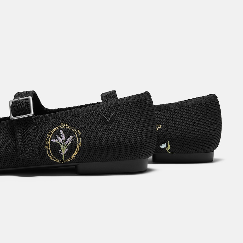 Healing Garden | Square-Toe Mary Janes (Margot Mary Jane), BLACK FRENCH FLORAL Embroidery, EU35 | VIVAIA